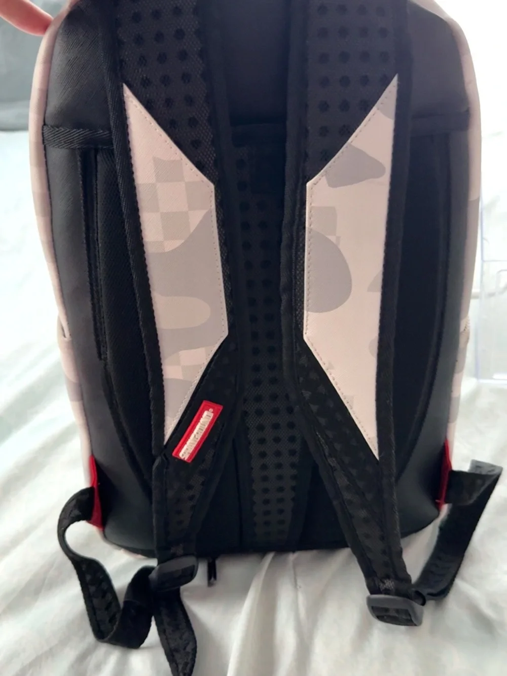 Sprayground Grey Camo Backpack with Red Zip Accent